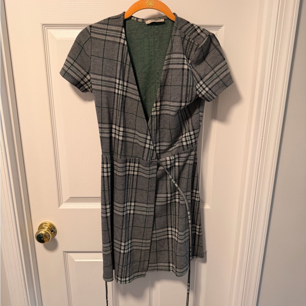 Zara Gray & Black Plaid Wrap Mini Dress